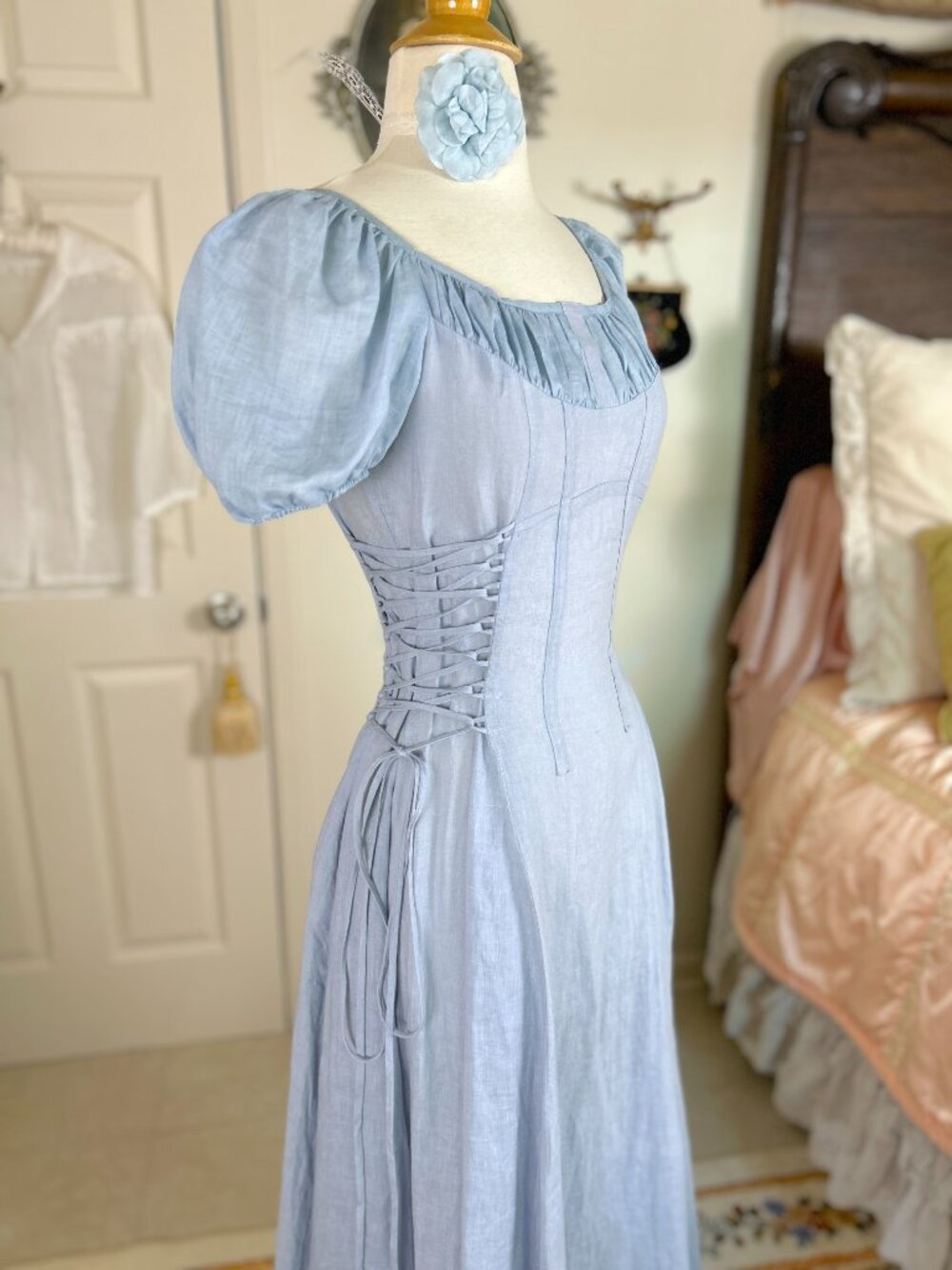 Linennaive Blue Linen Corset Milkmaid Dress, Ylang 18 Cinderella, Puff Sleeves - Picture 2 of 9
